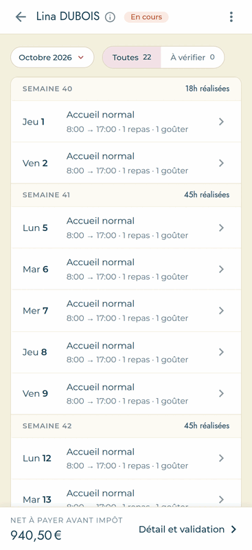 Feuille de temps du mois, semaine par semaine, avec le net à payer affiché en bas d'écran